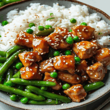 Sesame Chicken with Green Beans and Rice