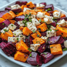 Roasted Beet and Sweet Potato Salad with Feta and Yogurt Dressing