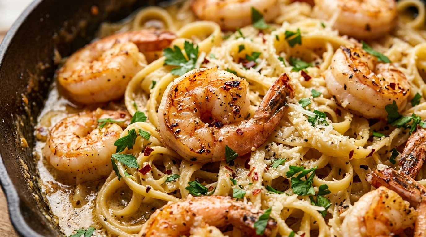 Ultra close-up macro food photography of creamy garlic butter shrimp pasta with seared jumbo shrimp in a cast-iron skillet
