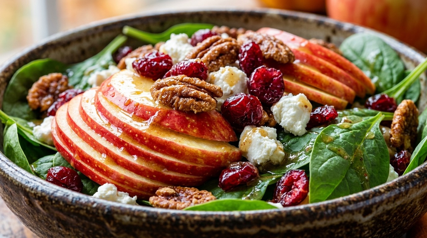 Ultra close-up macro food photography of autumn harvest honeycrisp apple salad with crisp apples, candied pecans, cranberries, and goat cheese