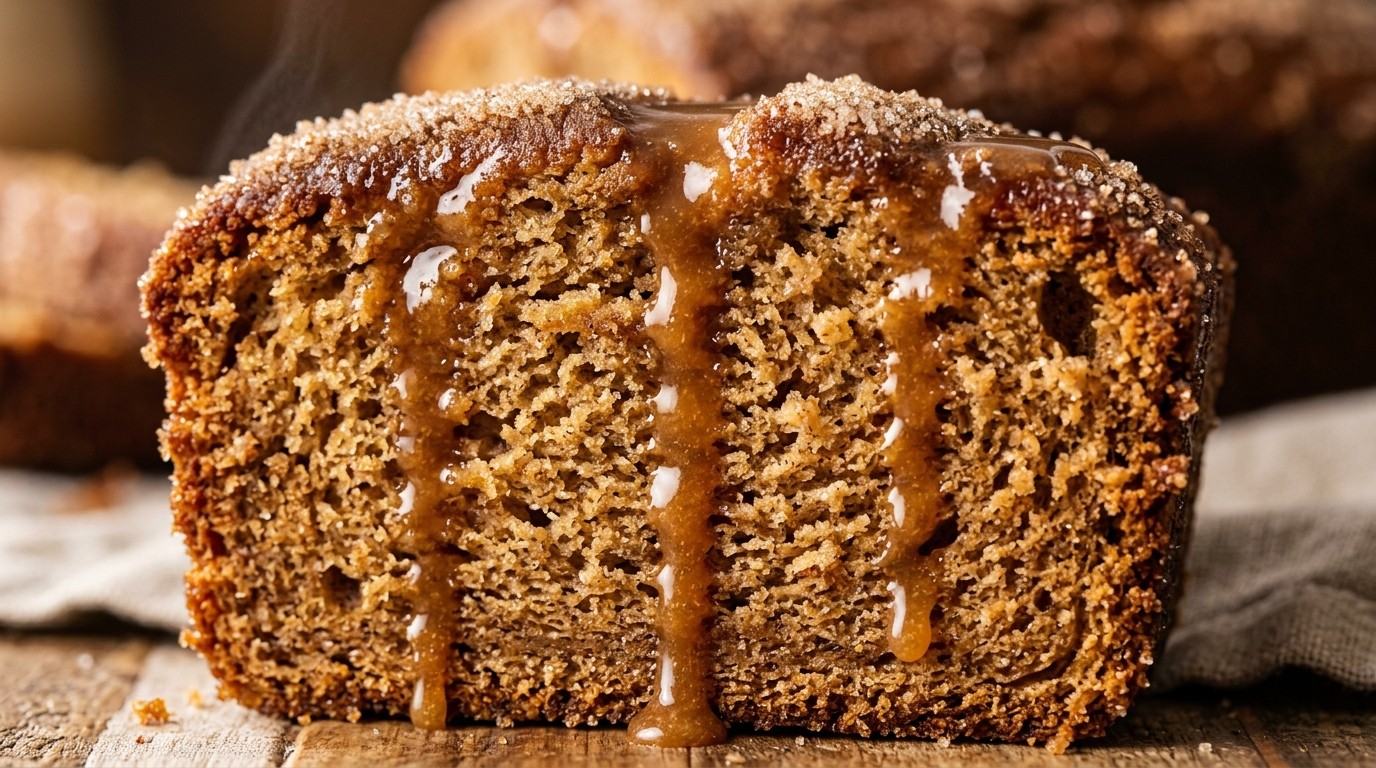 Ultra close-up of sliced bakery-style apple cider donut loaf cake with sparkling cinnamon sugar crust