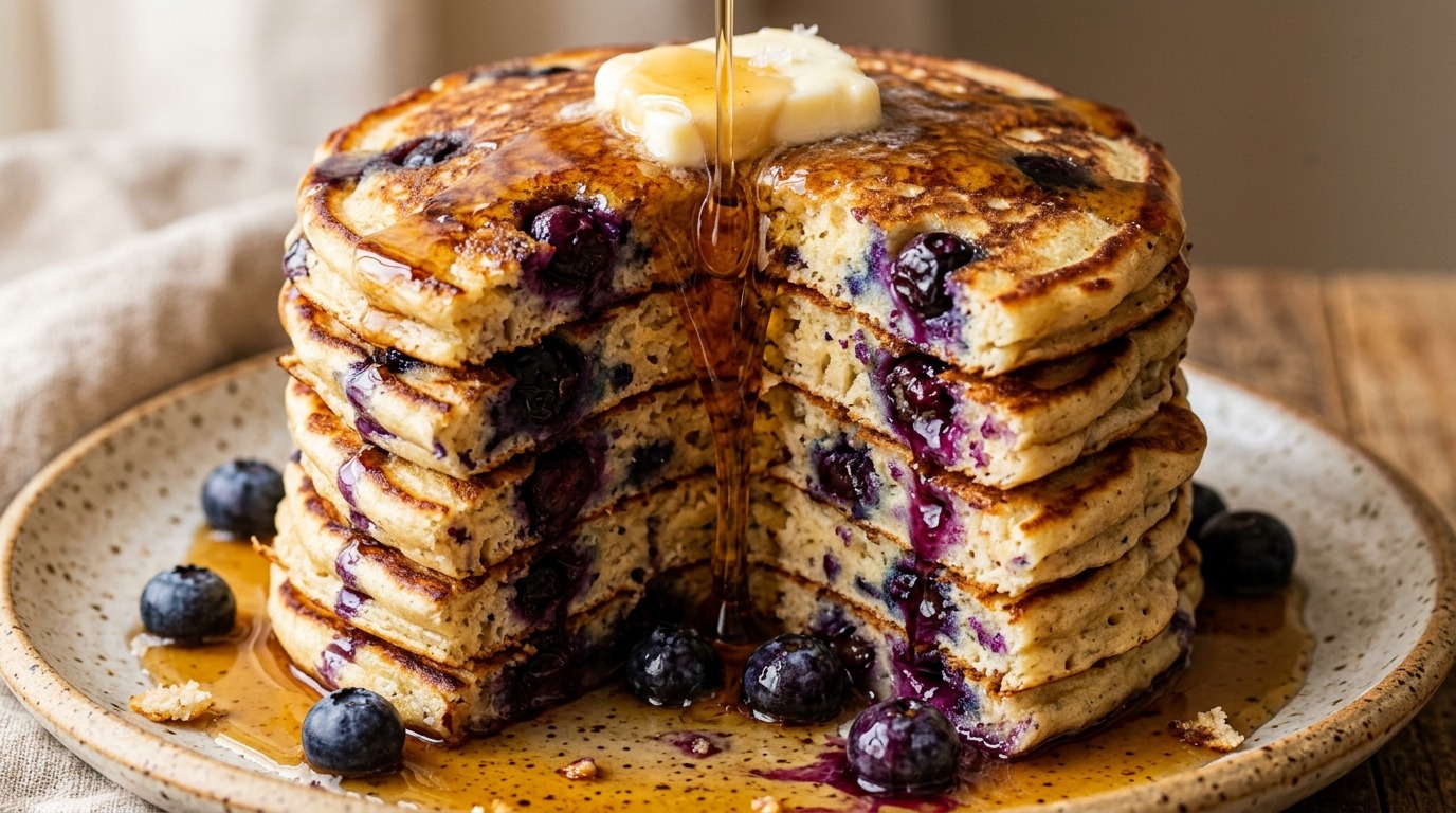 Ultra close-up macro of a tall stack of fluffy buttermilk blueberry pancakes with melting butter and warm maple syrup drip