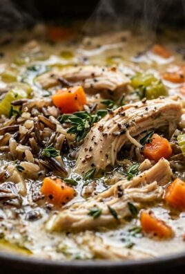 Ultra close-up macro food photography of steaming creamy autumn chicken and wild rice soup with tender shredded chicken, wild rice, carrots, and herbs