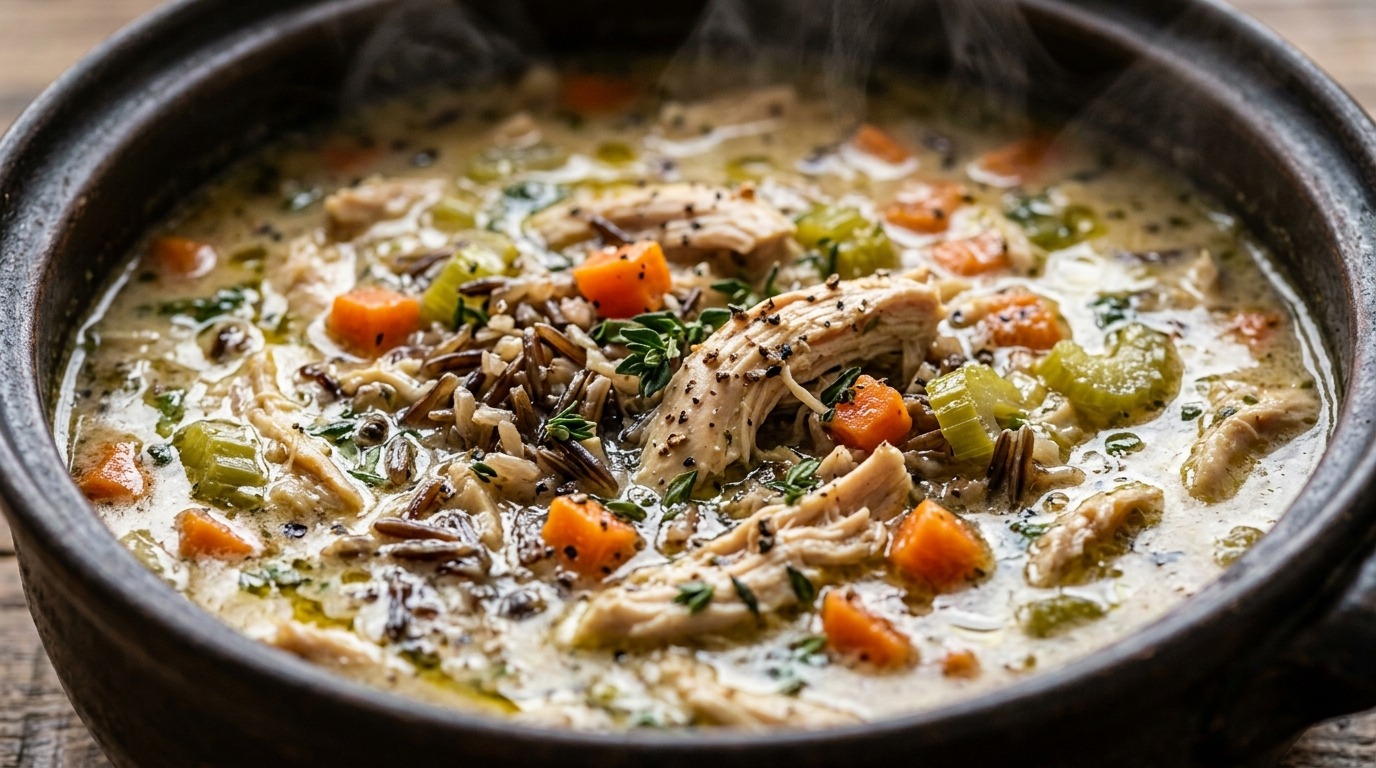 Ultra close-up macro food photography of steaming creamy autumn chicken and wild rice soup with shredded chicken, wild rice, carrots, and fresh thyme