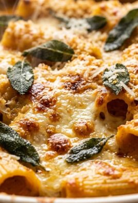 Ultra close-up macro of creamy pumpkin garlic pasta bake with golden bubbling mozzarella, toasted breadcrumbs, and crisp sage leaves