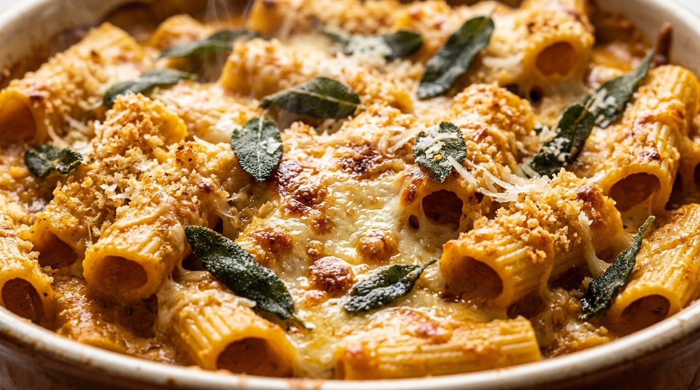 Ultra close-up macro of creamy pumpkin garlic pasta bake with golden bubbling mozzarella, toasted breadcrumbs, and crisp sage leaves