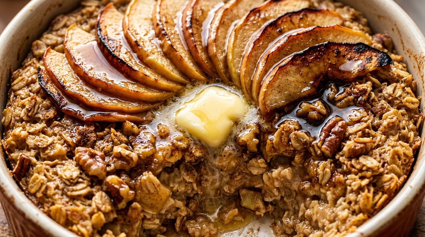 Ultra close-up macro food photography of cozy spiced apple cinnamon baked oatmeal with caramelized apple fan, toasted pecans, and melting butter