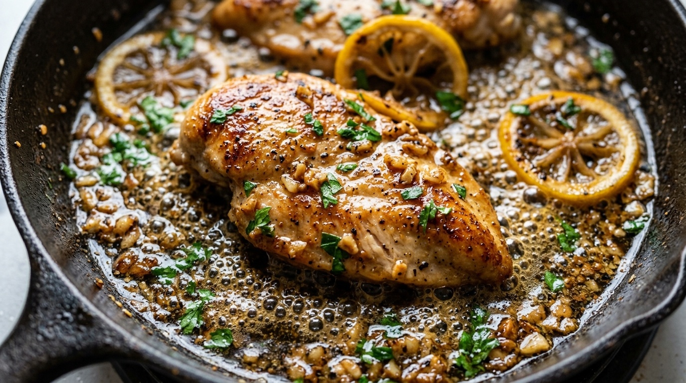 Ultra close-up of creamy lemon garlic butter chicken cutlets simmering in skillet