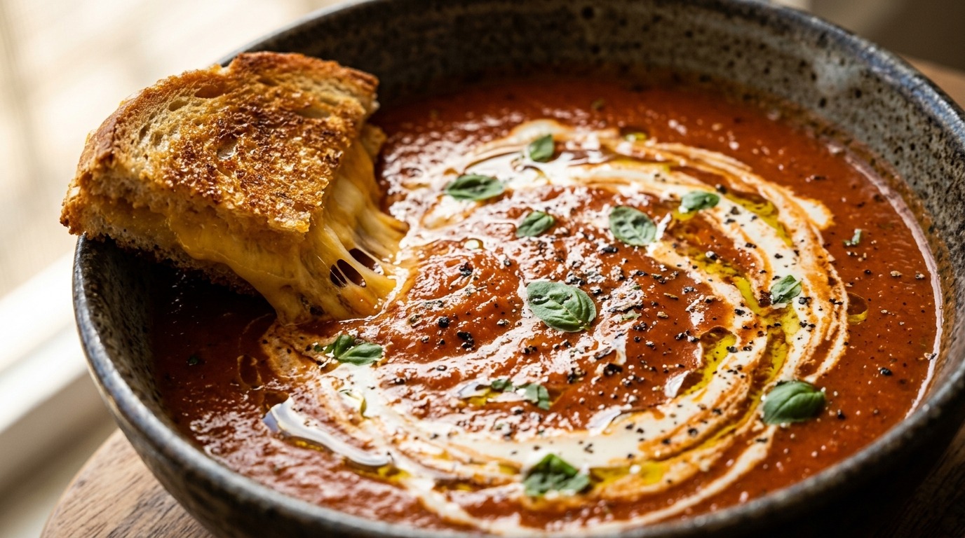 Ultra close-up macro of velvety creamy roasted tomato basil soup with grilled cheese dipper and cream swirl