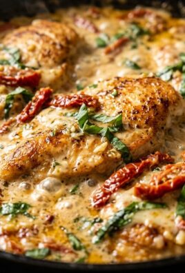 Ultra close-up of creamy sun-dried tomato chicken simmering in cast iron skillet