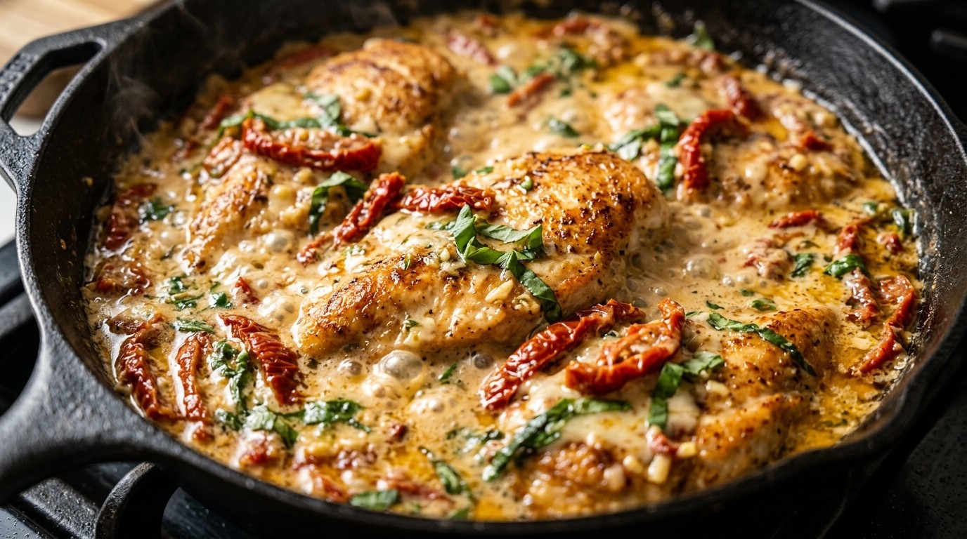 Ultra close-up of creamy sun-dried tomato chicken simmering in cast iron skillet