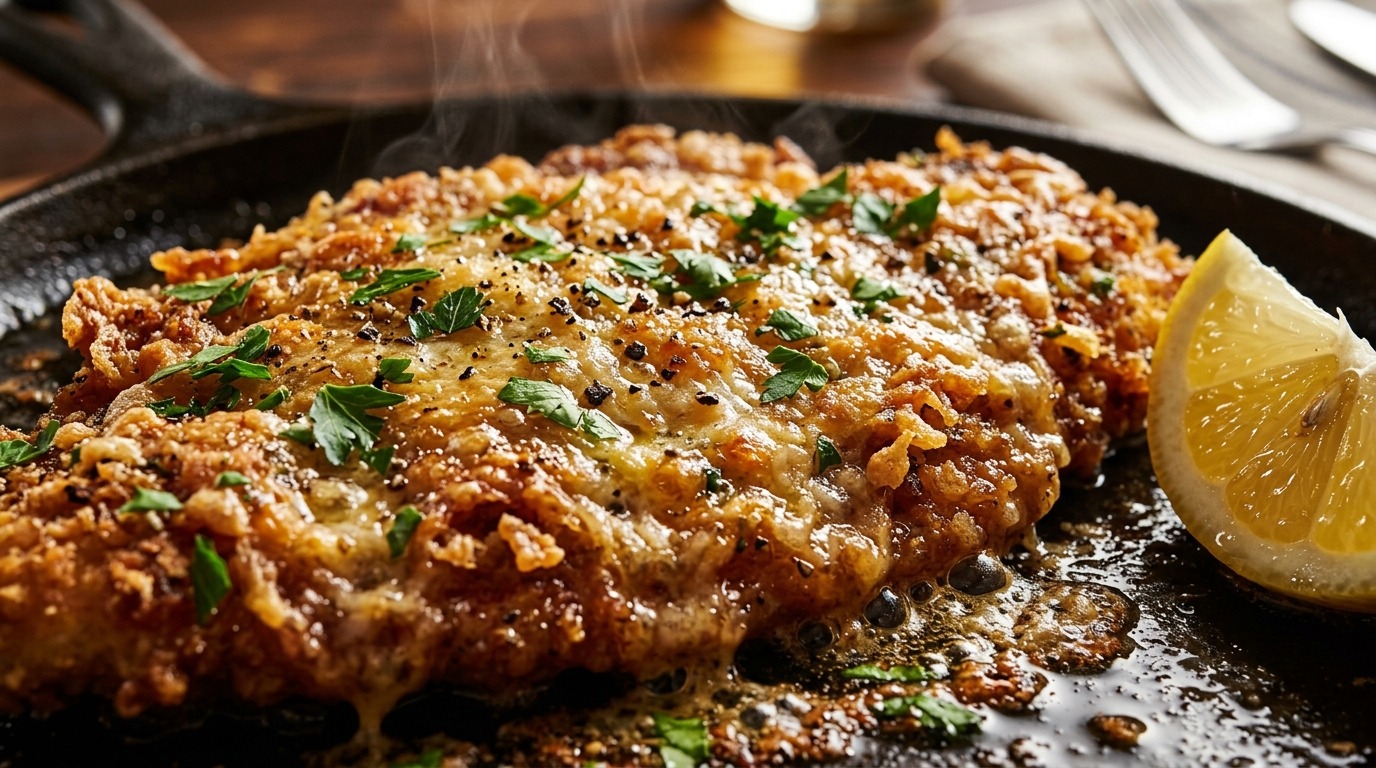Ultra close-up macro food photography of sizzling crispy parmesan crusted chicken cutlet with melted parmigiano, cracked black pepper, and lemon