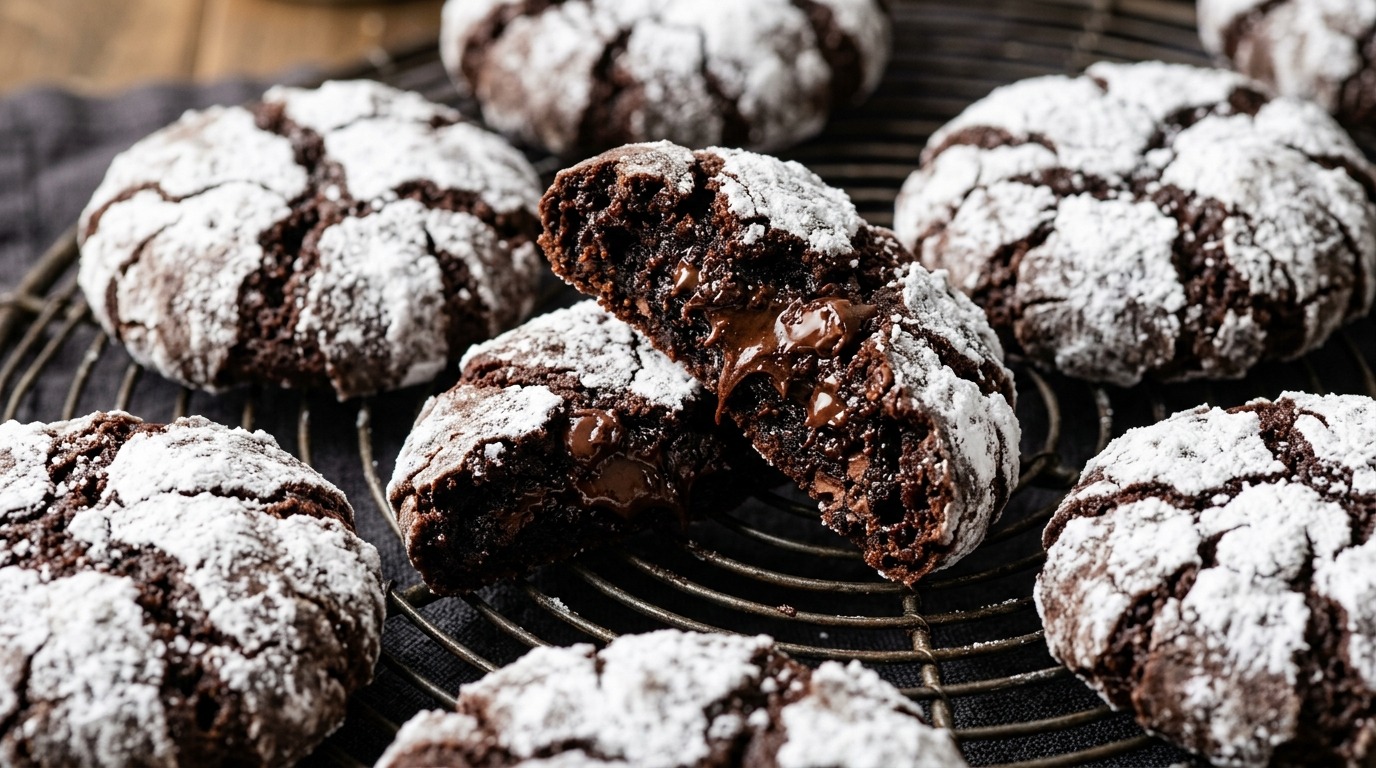 Ultra close-up macro of fresh-baked chocolate fudge crinkle cookies with snowy powdered sugar crackles and molten chocolate center