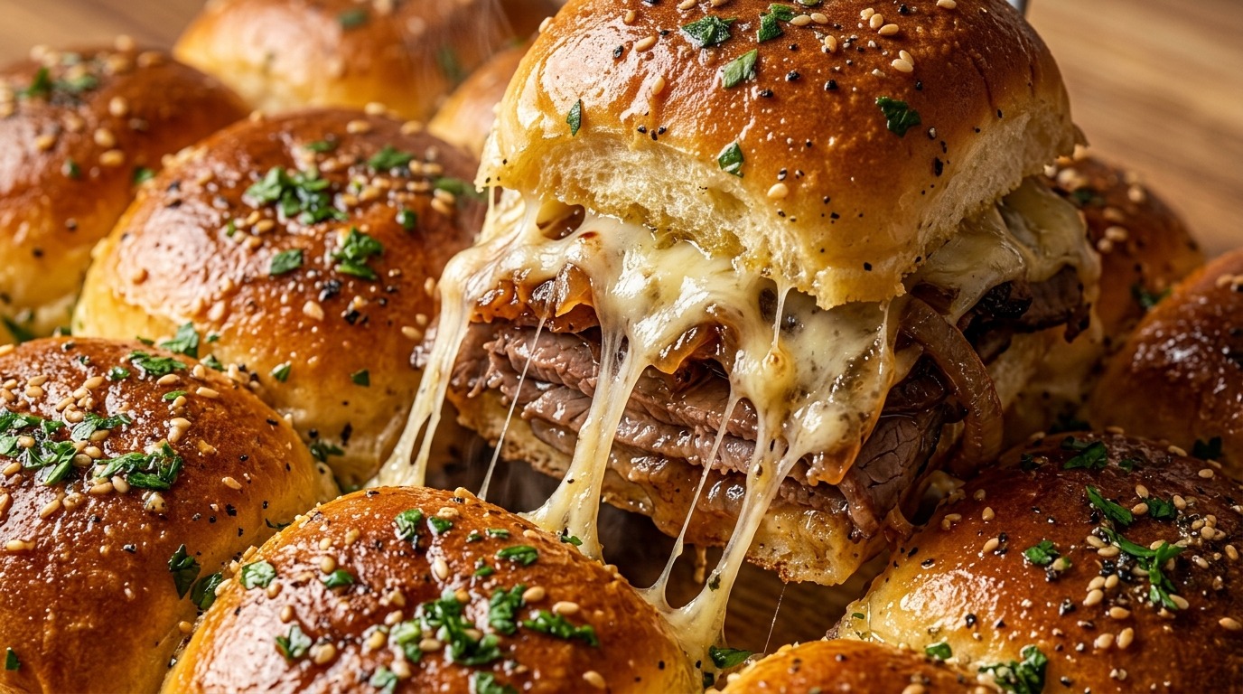 Ultra close-up macro food photography of Hawaiian roll French dip roast beef sliders pulling apart with melted cheese and garlic herb butter