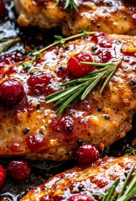 Ultra close-up macro of golden seared chicken cutlets in bubbling spiced cranberry orange glaze with fresh rosemary