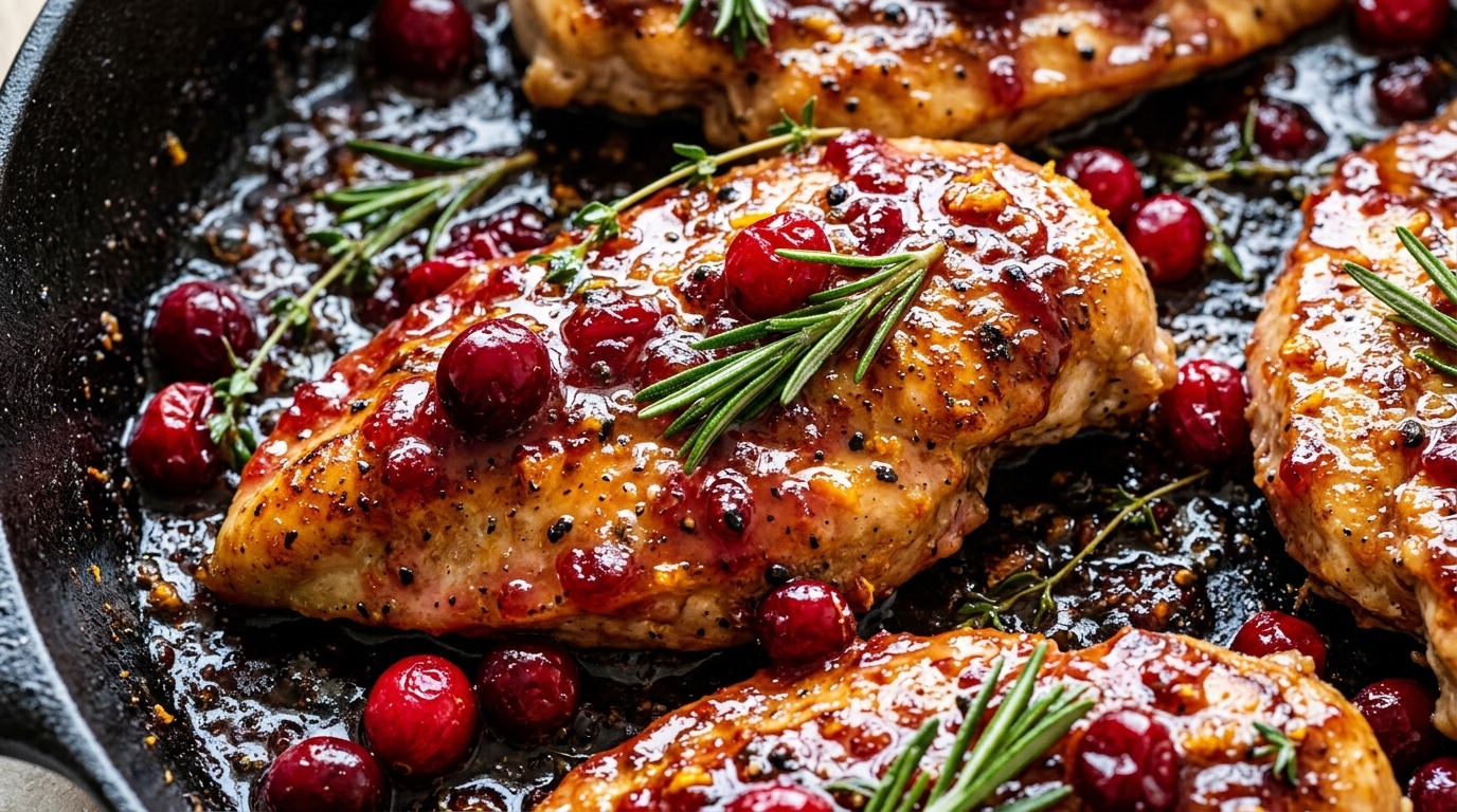 Ultra close-up macro of golden seared chicken cutlets in bubbling spiced cranberry orange glaze with fresh rosemary
