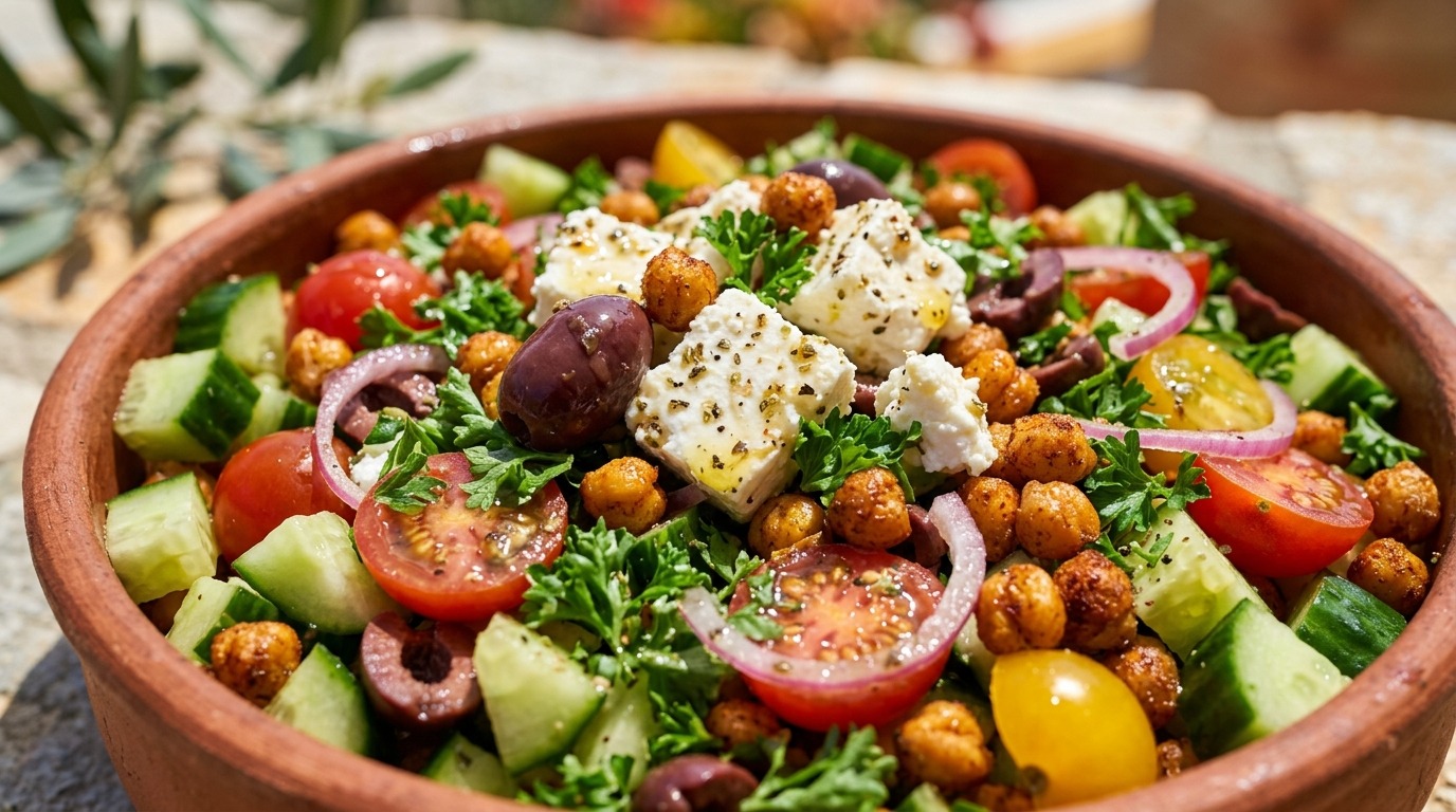 Ultra close-up macro of loaded Mediterranean chopped salad with crispy spiced chickpeas, cucumbers, tomatoes, and herb feta