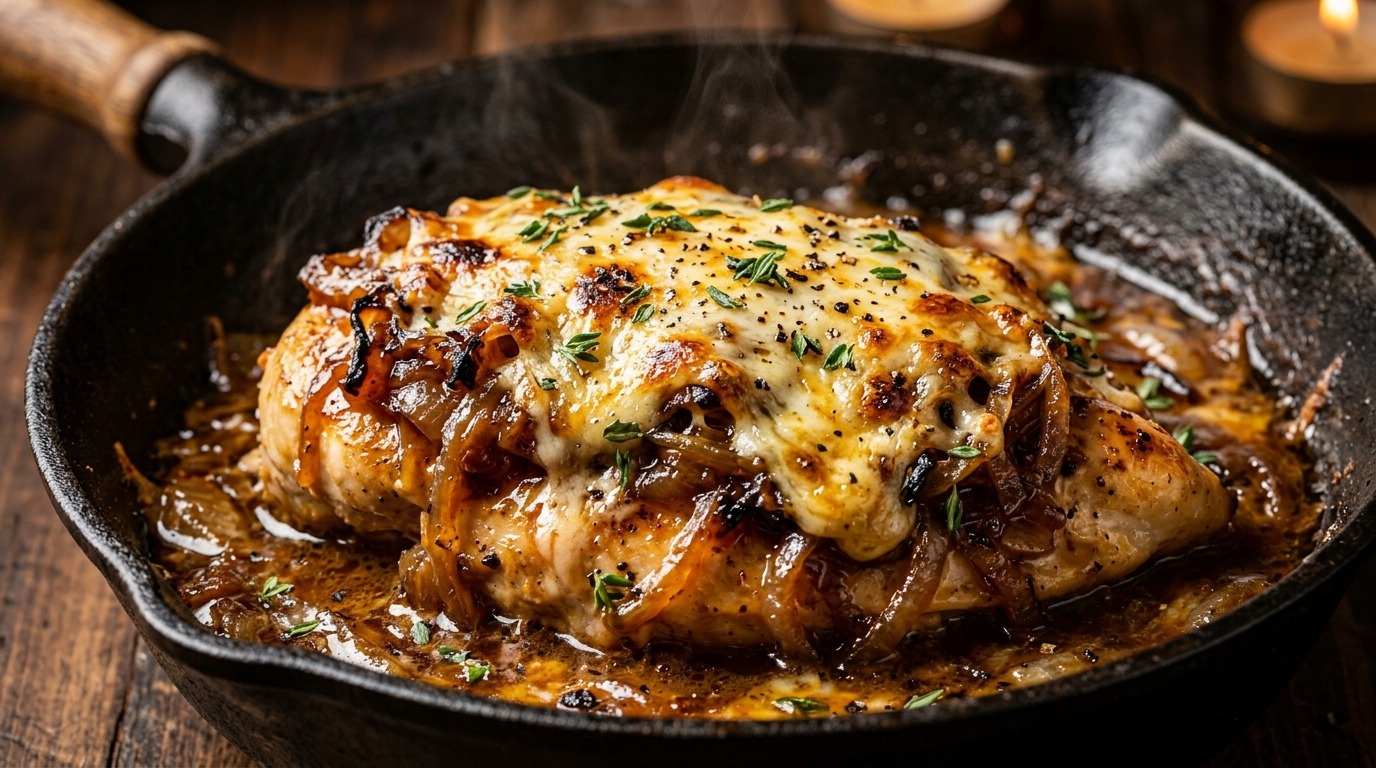 Ultra close-up macro food photography of golden seared chicken breasts smothered under caramelized sweet onions and melted bubbly Gruyere cheese