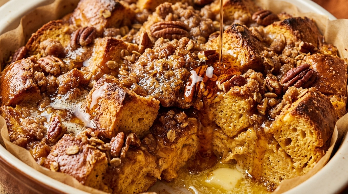 Ultra close-up macro of bubbling overnight pumpkin brioche french toast casserole with caramelized pecan streusel