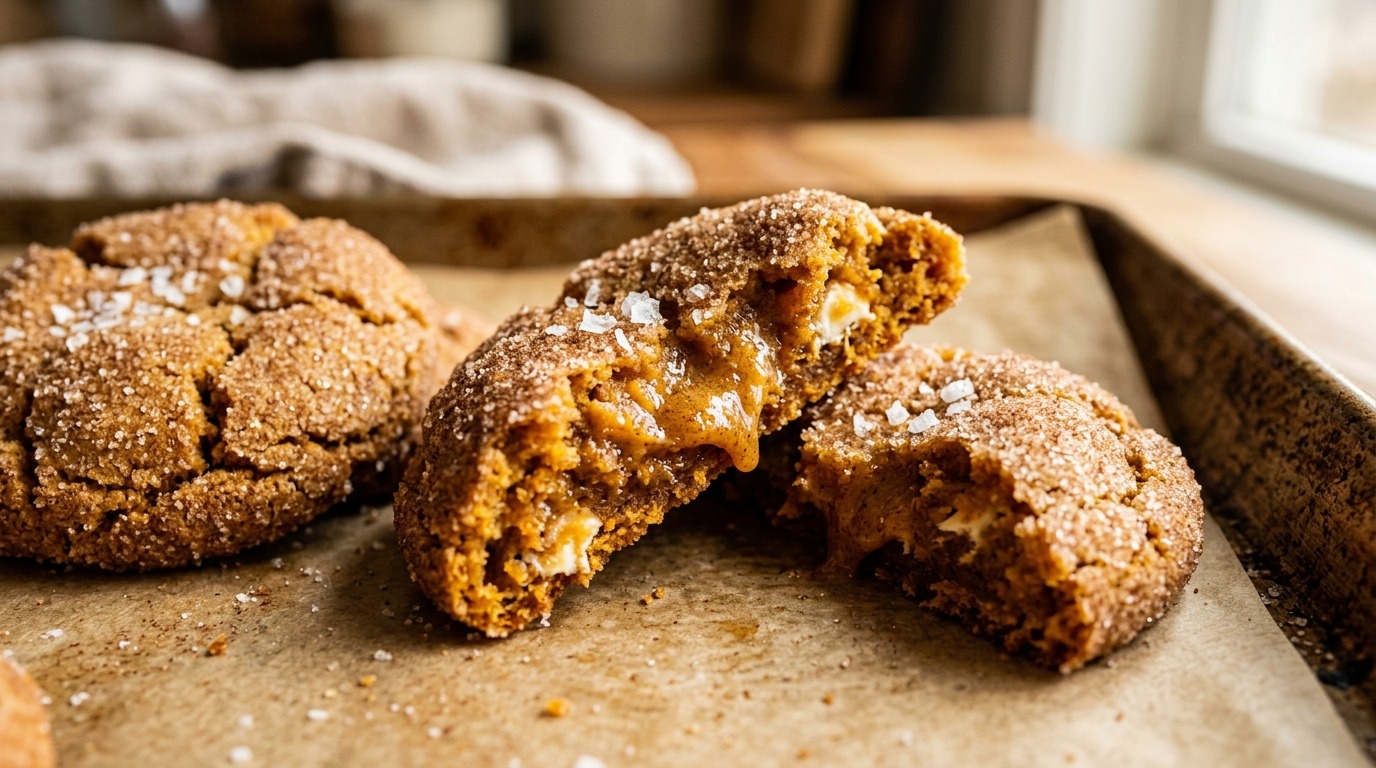 Ultra close-up macro food photography of soft brown butter pumpkin snickerdoodle cookies broken open with gooey spiced center and flaky salt