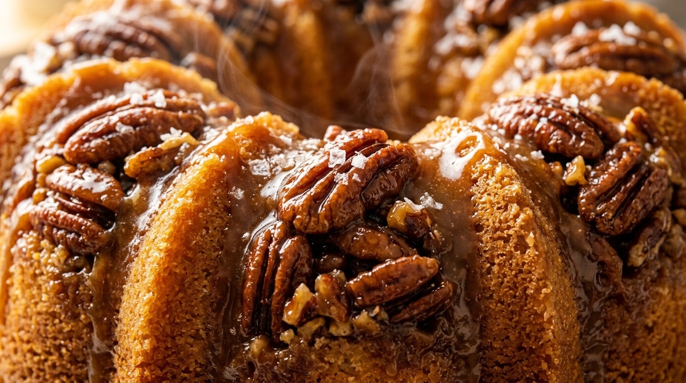 Ultra close-up macro food photography of luscious Southern pecan upside-down bundt cake with brown sugar caramel and toasted pecans