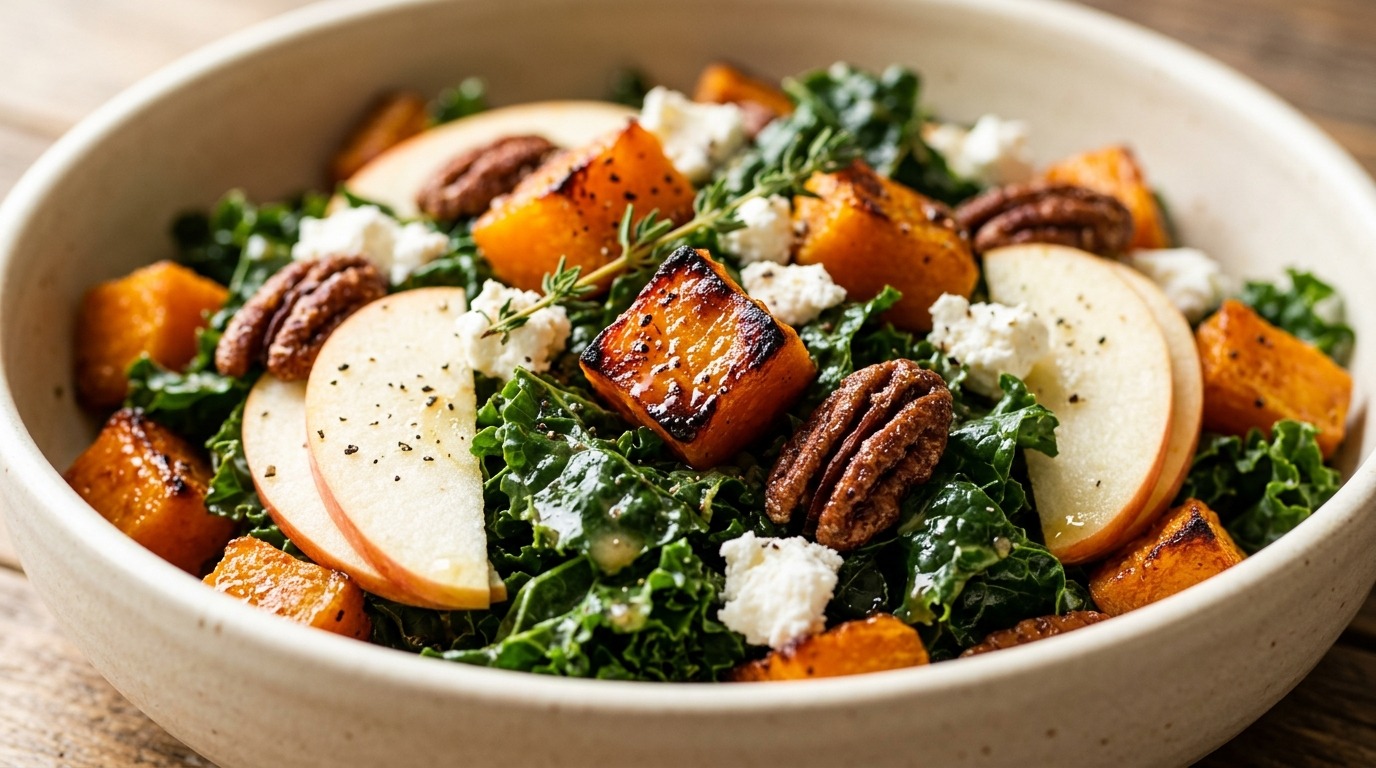 Ultra close-up macro of warm roasted butternut squash and kale salad with candied pecans and goat cheese