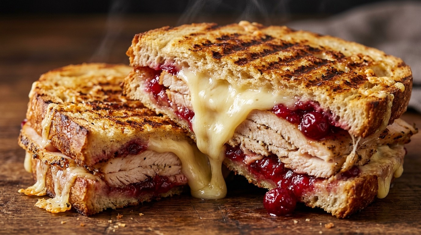 Ultra close-up macro of warm turkey cranberry brie panini with melted gooey brie cheese oozing between crisp sourdough bread